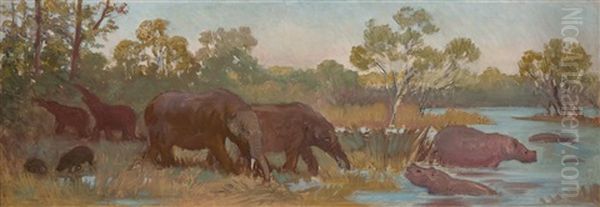 Elephants And Rhinos Oil Painting by Charles Robert Knight