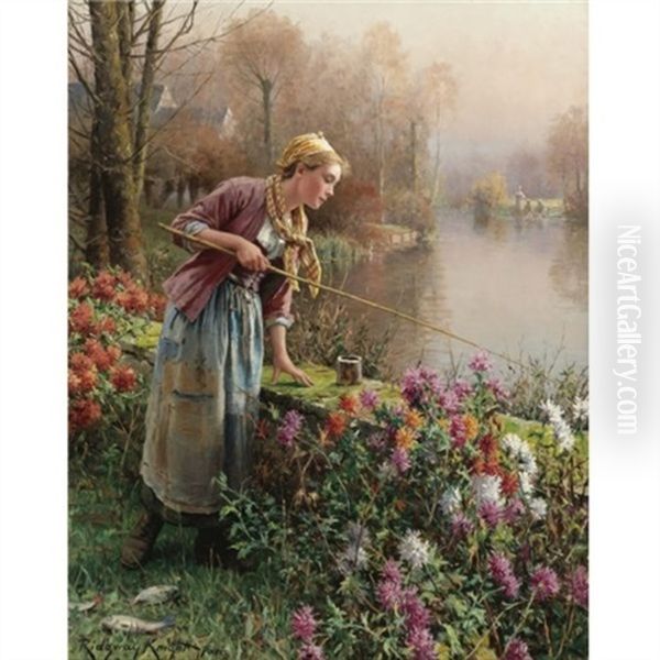 Brittany Girl Fishing Oil Painting by Daniel Ridgway Knight