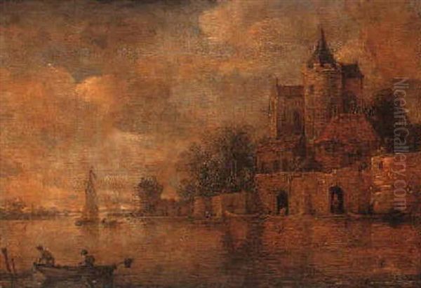 A River Estuary With A Walled Town And Fishermen In The Foreground Oil Painting by Wouter Knijff
