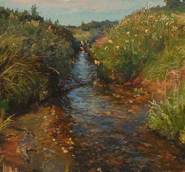 Spring Day At A Serpentine Stream Oil Painting by Peder Jacob Marius Knudsen