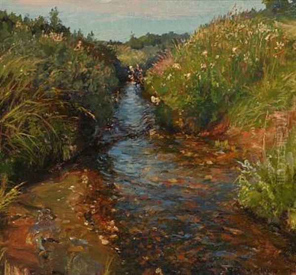 Spring Day At A Serpentine Stream Oil Painting by Peder Jacob Marius Knudsen