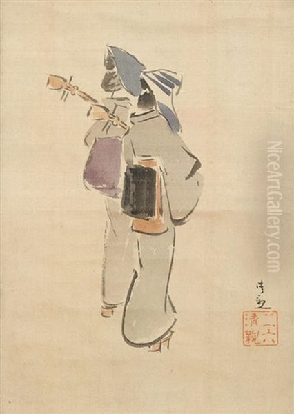 Two Musicians Oil Painting by Kobayashi Kiyochika
