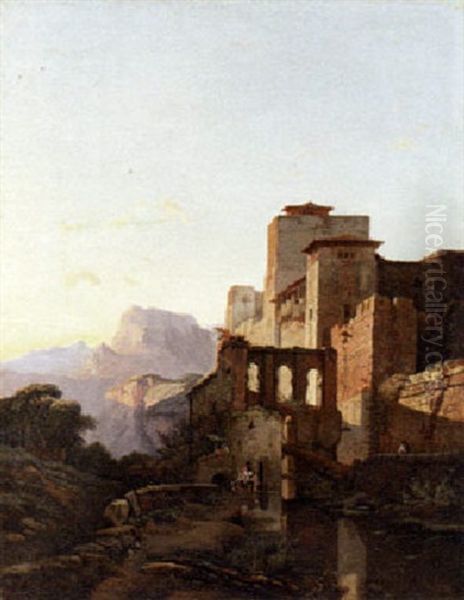 Golden Light On A Fortess Oil Painting by Franz Kobell