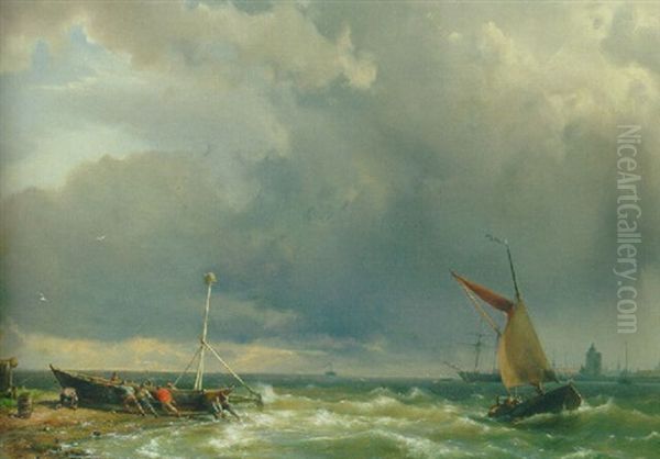Shipping In A Stiff Breeze Near Enkhuizen Oil Painting by Hermanus Koekkoek the Elder