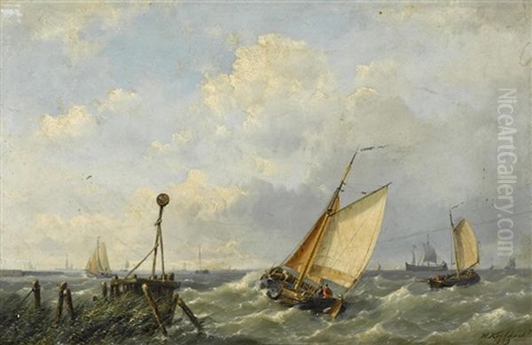 Fishing Boats In A Stiff Breeze Offshore Oil Painting by Hermanus Koekkoek the Younger