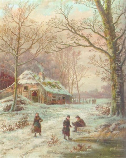 A Winter Landscape With Youngsters Putting On Their Skates Oil Painting by Hendrik Barend Koekkoek