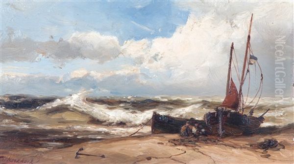 A Breezy Day With Fishermen Mending Their Nets On The Shore Oil Painting by Johannes Hermanus Koekkoek