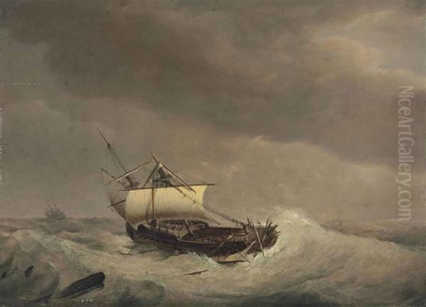 A Ship In Stormy Waters Oil Painting by Johannes Hermanus Koekkoek Snr