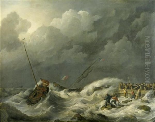 Schiffe Im Sturm Vor Einer Mole Oil Painting by Johannes Hermanus Koekkoek