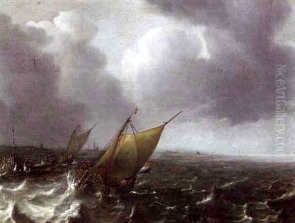 Shipping Off The Breakwater Oil Painting by Johannes Hermanus Koekkoek