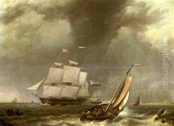 A Frigate Under Sail By A Coast Oil Painting by Johannes Hermanus Koekkoek Snr