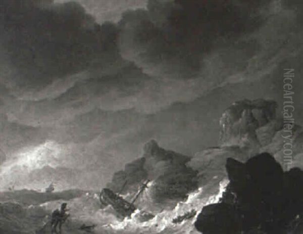 Shipwreck On A Rocky Coast Oil Painting by Johannes Hermanus Koekkoek