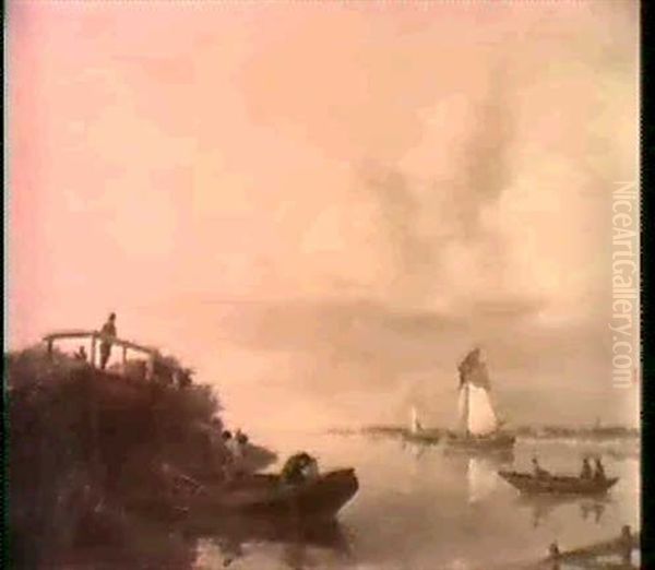 A Riverlandscape With Fishermen In A Rowing Boat            By A Bridge And Various Shipping, At Sunset. Oil Painting by Johannes Hermanus Koekkoek