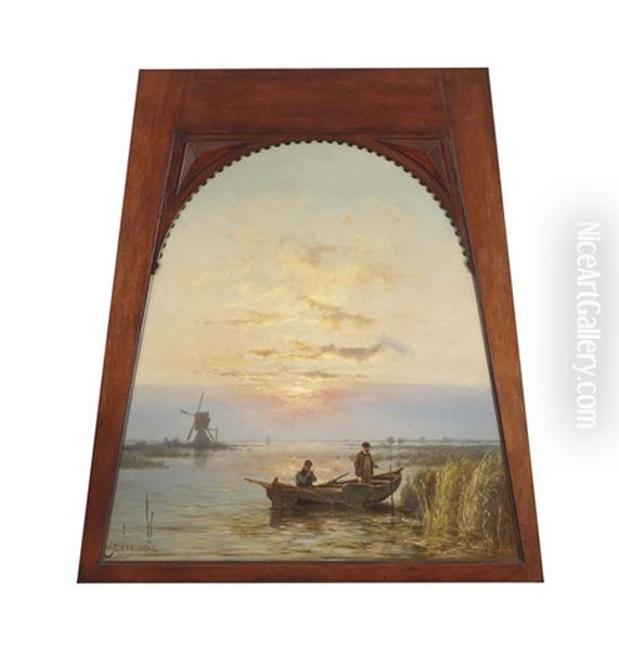 Fishing At Dusk Oil Painting by Johannes Hermanus Barend Koekkoek