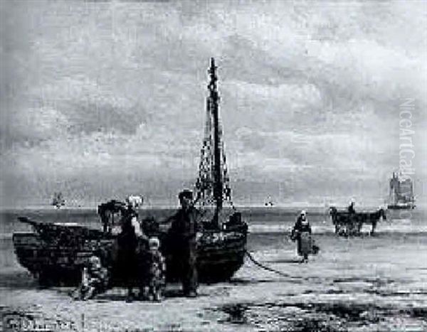 Fishing-family On A Beach Oil Painting by Johannes Hermanus Barend Koekkoek
