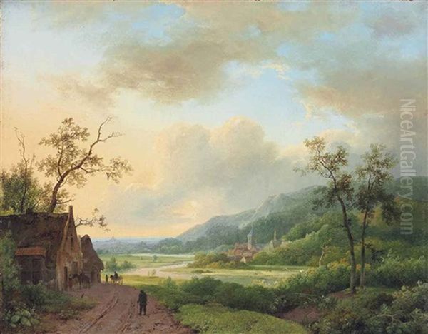 Travellers On A Riverside Track At Dusk Oil Painting by Marinus Adrianus Koekkoek