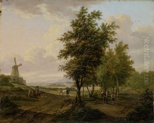 Wanderer Vor Windmuhle Oil Painting by Marinus Adrianus Koekkoek
