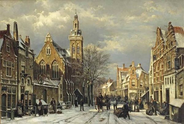 A Capriccio View Of A Sunlit Town In Winter With Numerous Figures Oil Painting by Willem Koekkoek