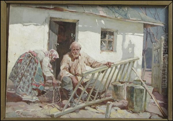 Peasants At Work Oil Painting by Sergei Kolesnikoff