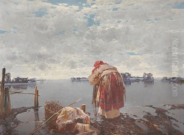 Washing Linens Oil Painting by Stepan Feodorovich Kolesnikov