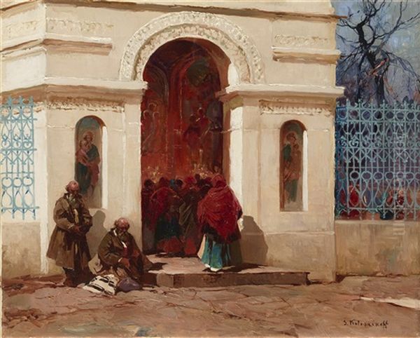 Outside A Church Oil Painting by Stepan Feodorovich Kolesnikov