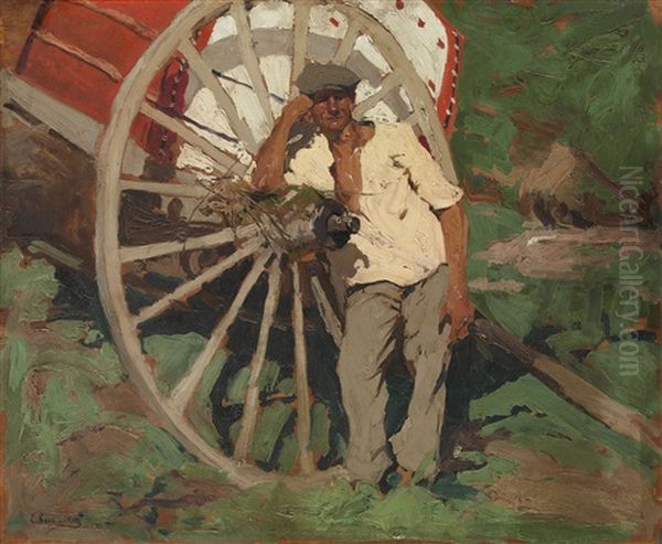 Peasant By A Wagon Wheel Oil Painting by Stepan Feodorovich Kolesnikov
