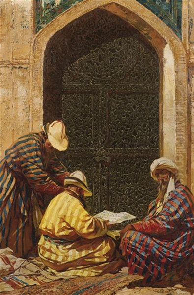 Three Scholars Oil Painting by Stepan Feodorovich Kolesnikov