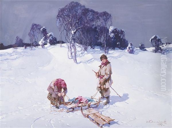 Unexpected Stop Oil Painting by Stepan Feodorovich Kolesnikov