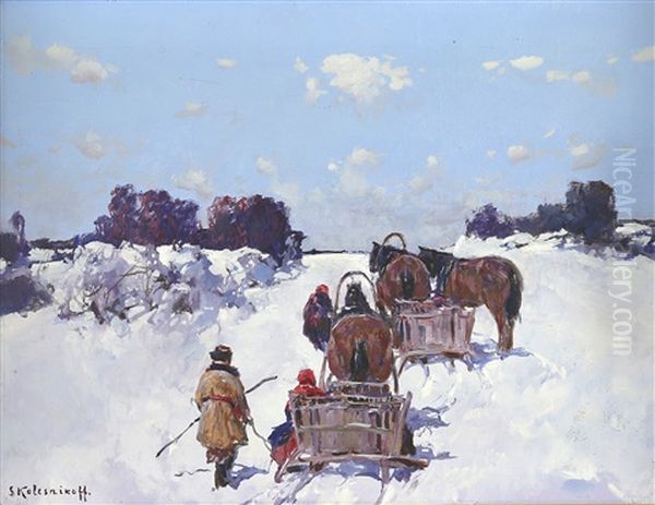 Horse-drawn Carts In The Snow Oil Painting by Stepan Feodorovich Kolesnikov