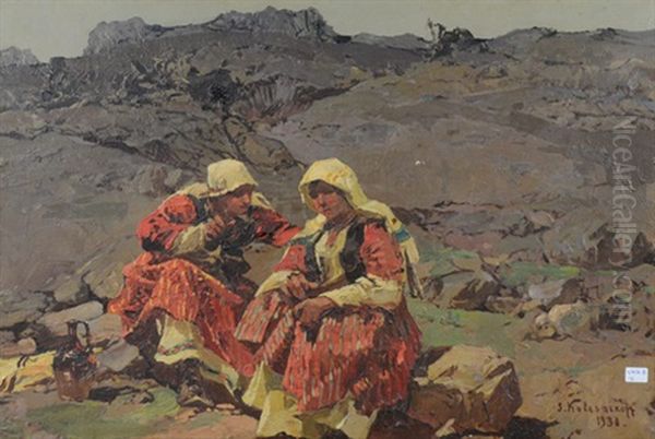 Paysannes En Montagne Oil Painting by Stepan Feodorovich Kolesnikov