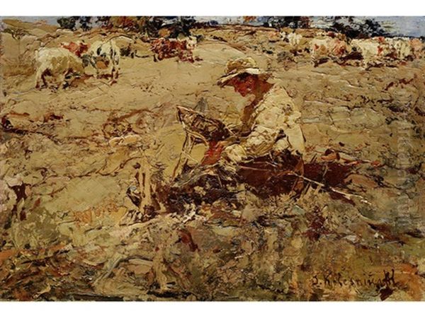 A Peasant Oil Painting by Stepan Feodorovich Kolesnikov