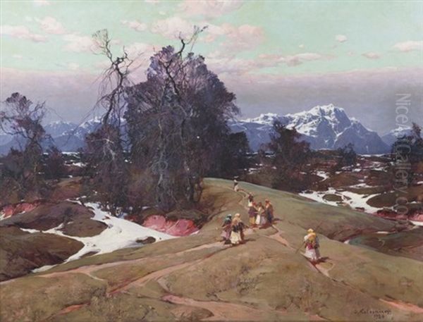 A Path Through The Winter Mountain Landscape Oil Painting by Stepan Feodorovich Kolesnikov