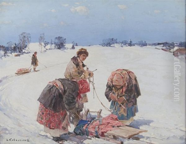 Peasants With Sled By A Snowy Village Oil Painting by Stepan Feodorovich Kolesnikov
