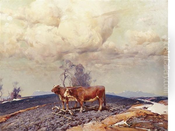 Plowing Oil Painting by Stepan Feodorovich Kolesnikov