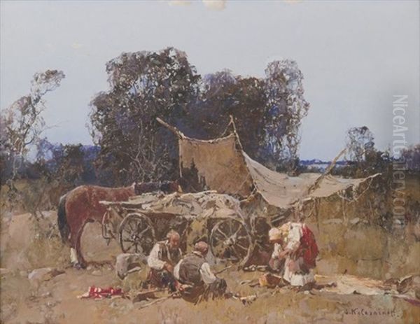 Peasants In The Field Oil Painting by Stepan Feodorovich Kolesnikov