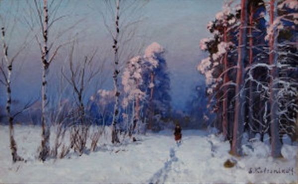Figure Walking Through A Snowy Forest Landscape Oil Painting by Stepan Feodorovich Kolesnikov