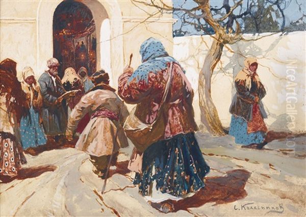 At The Church Door And Washerwoman In Winter (2 Works) Oil Painting by Stepan Feodorovich Kolesnikov