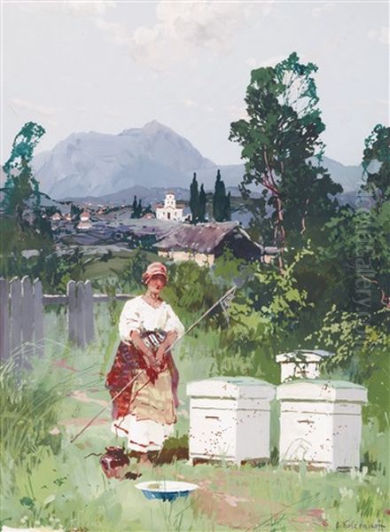 The Beekeeper Oil Painting by Stepan Feodorovich Kolesnikov