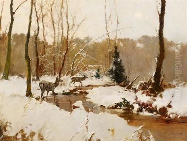 Rotwild Im Winterwald Oil Painting by Stepan Feodorovich Kolesnikov