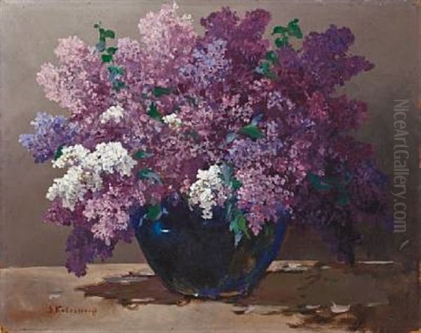 Lilacs In A Blue Vase Oil Painting by Stepan Feodorovich Kolesnikov