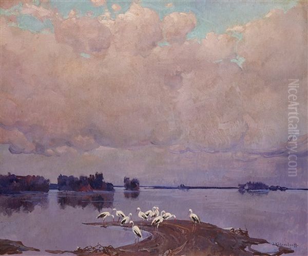 Storks By The Lake Oil Painting by Stepan Feodorovich Kolesnikov