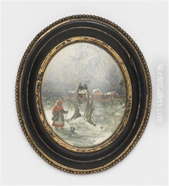 Rural Winter Scene Oil Painting by Stepan Feodorovich Kolesnikov