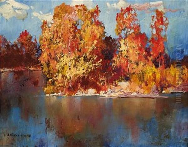 Trees On A Lake Oil Painting by Stepan Feodorovich Kolesnikov