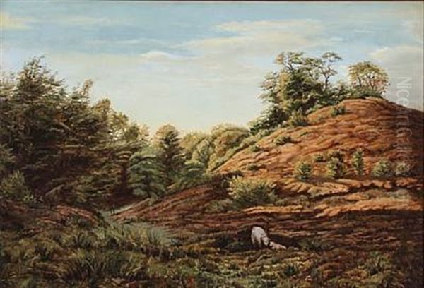 Hilly Landscape With A Sheep And A Lamb Oil Painting by Anton (Claus) Kolle
