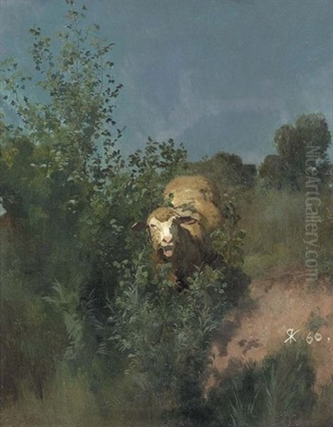 Weidendes Schaf Im Gebusch Oil Painting by Johann Rudolf Koller