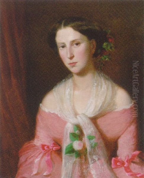 Potrait Of A Young Lady In A Pink Dress And A Lace Shawl Oil Painting by Johann Rudolf Koller