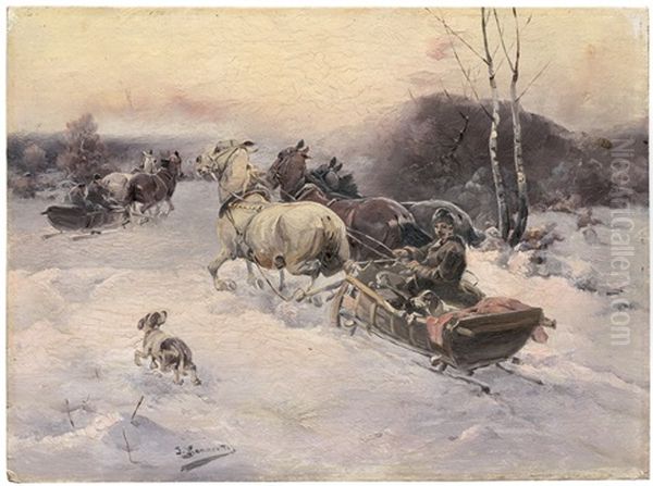 Winterlandschaft Mit Pferdeschlitten Im Abendlicht Oil Painting by Jan Konarski