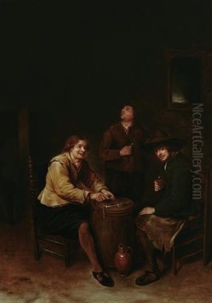 A Tavern Interior With Three Men Smoking And Drinking Oil Painting by Philips Koninck