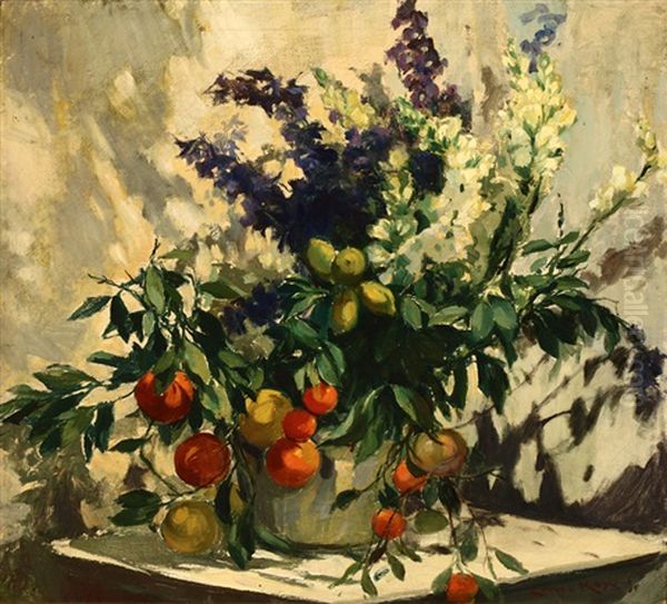 Floral And Fruit Still Life Arrangement Oil Painting by Emil Kosa Sr.