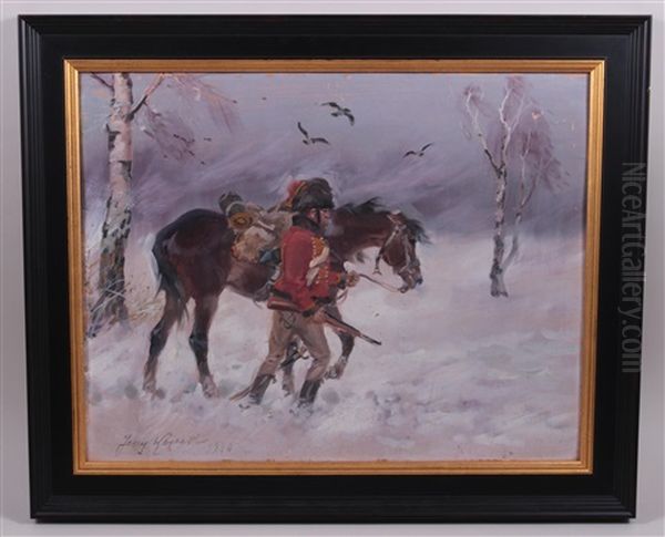 Soldat Mit Pferd In Rauer Winterlandschaft Oil Painting by Jerzy Kossak